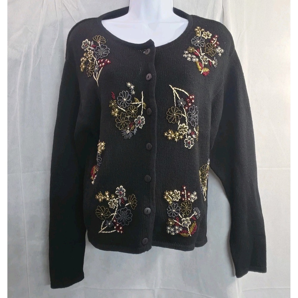 Dress Barn Black Beaded Floral Bouquets Boxy Holiday Cardigan Sweater Size M